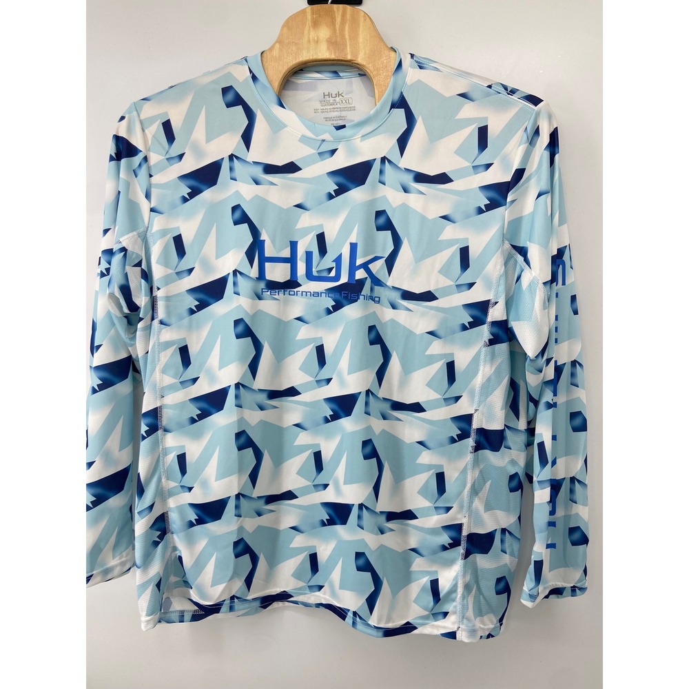 Huk Fishing Shirt Mens 2XL Blue Pursuit Camo Performance Long Sleeve UPF Wicking